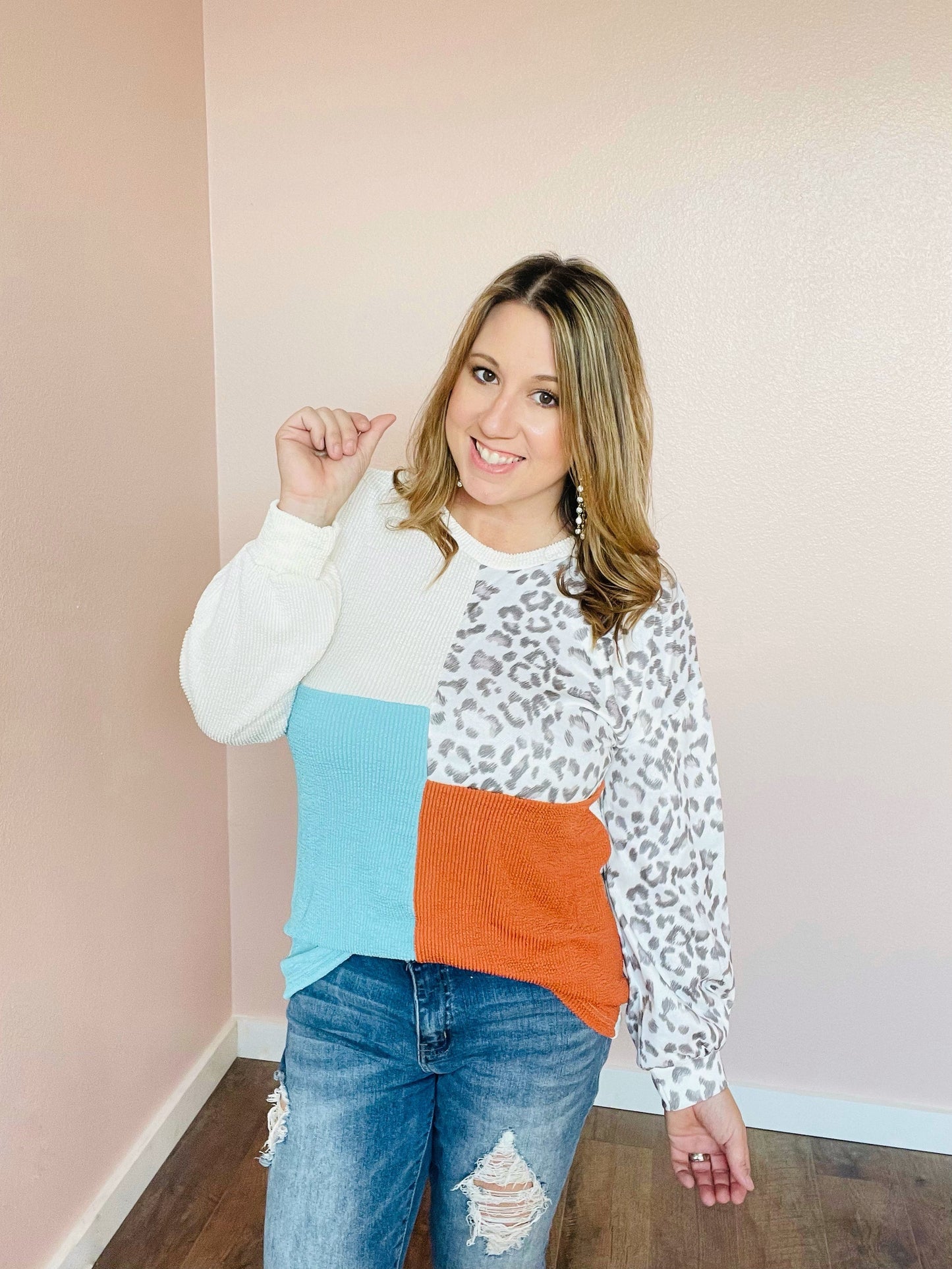 Orange Blue Animal Print Colorblock Top L