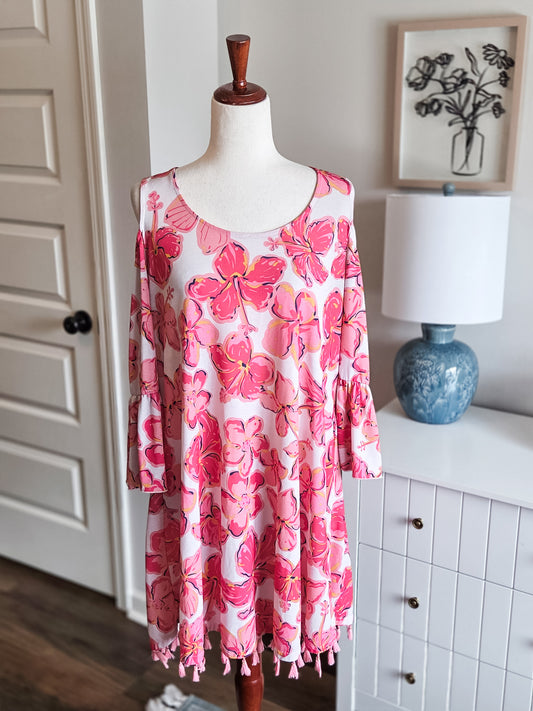 Pink Floral Cold Shoulder Dress M