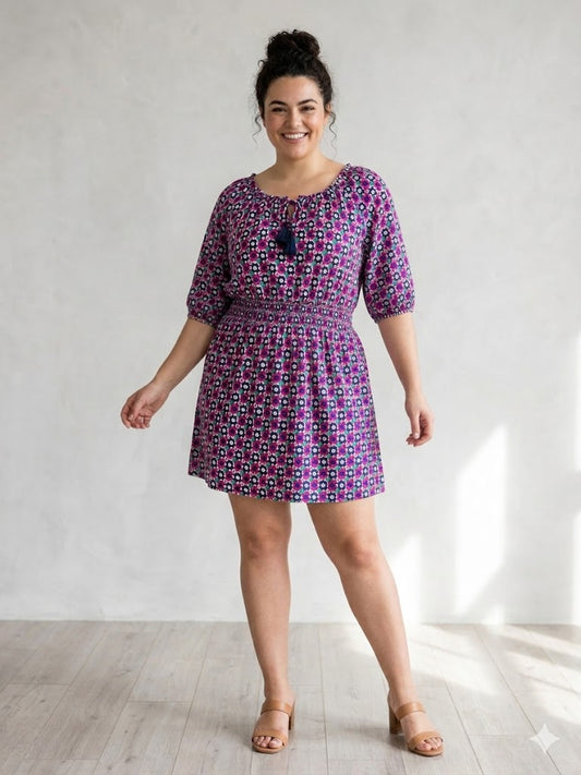 Purple Green Navy Print Mini Dress L