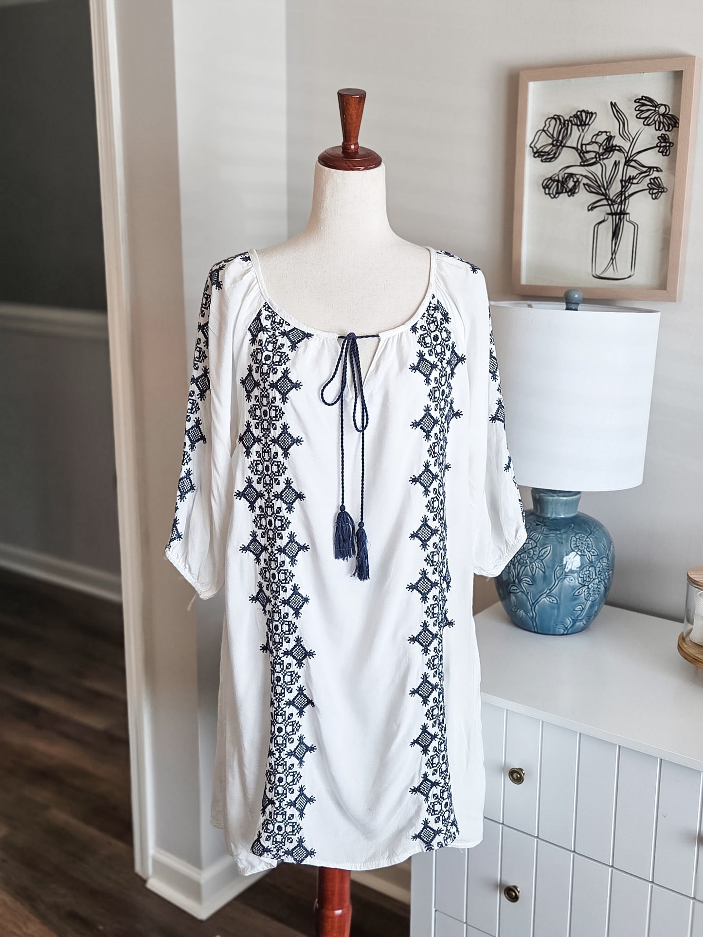 White Navy Embroidered Mini Dress M