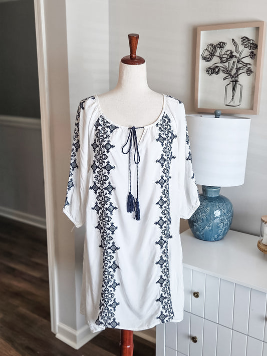 White Navy Embroidered Mini Dress M
