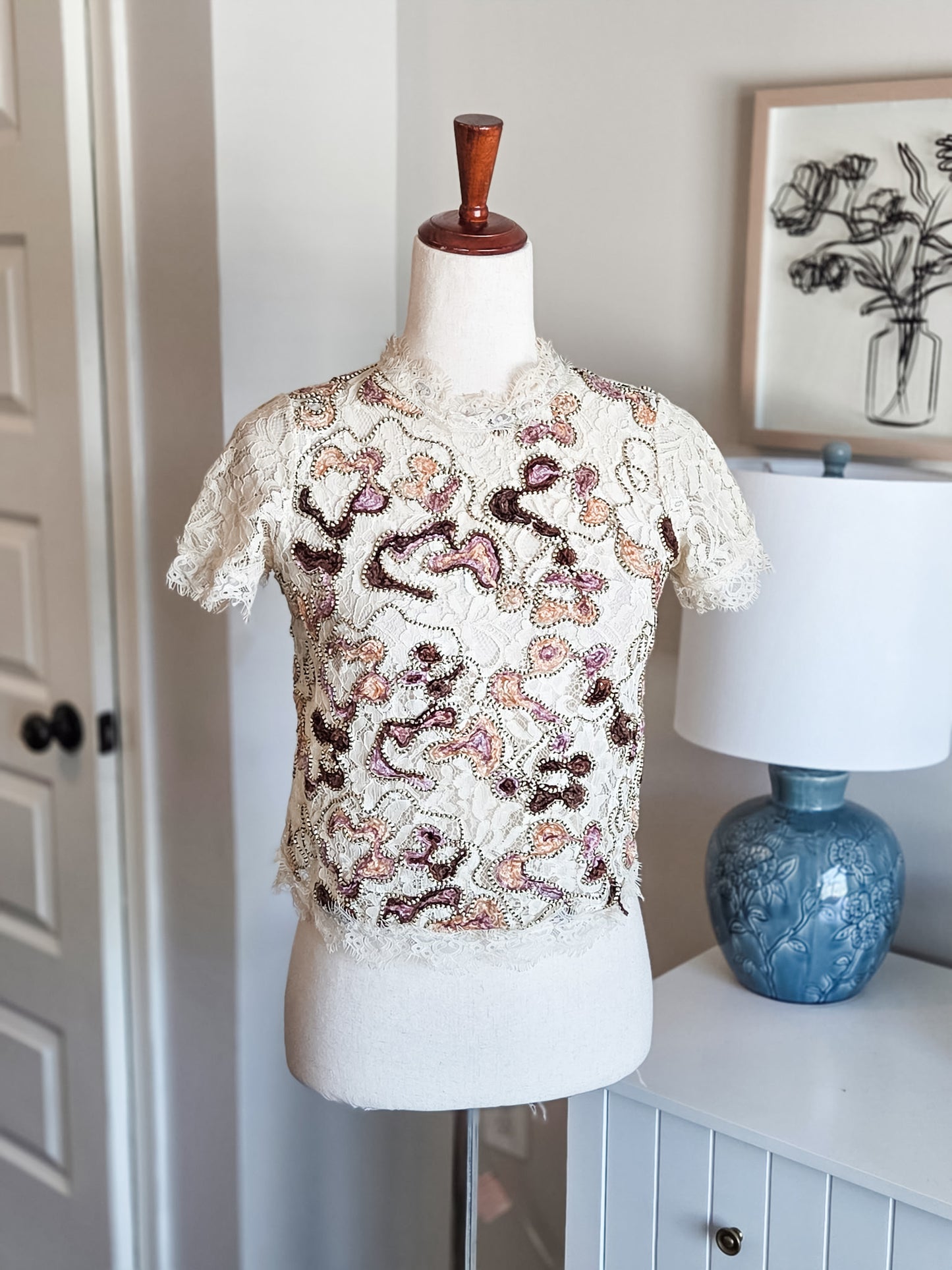 Cream Multi Color Lace Top S