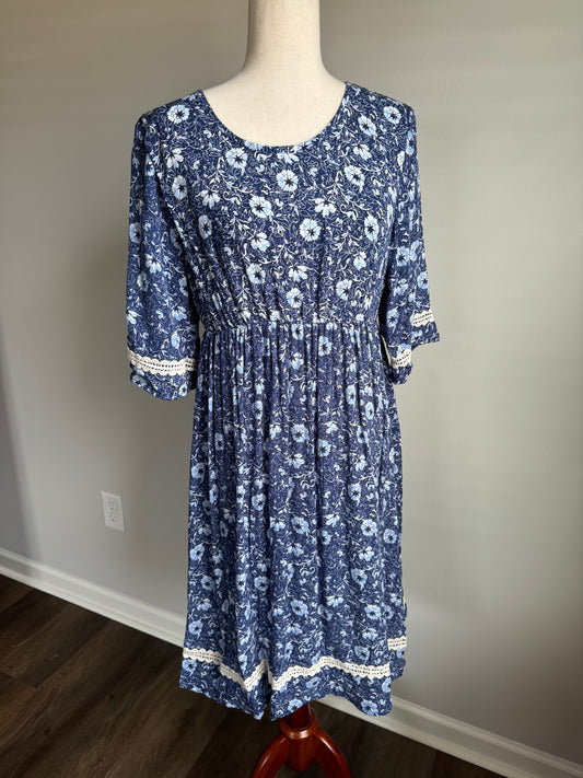 Blue and White Floral Trimmed Dress