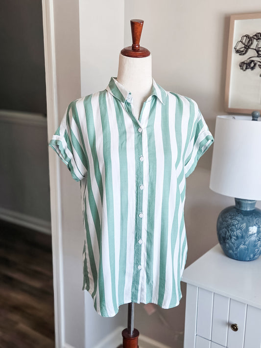 Green Striped Button Up XS