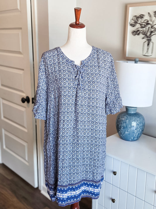 Blue White Print Dress XL
