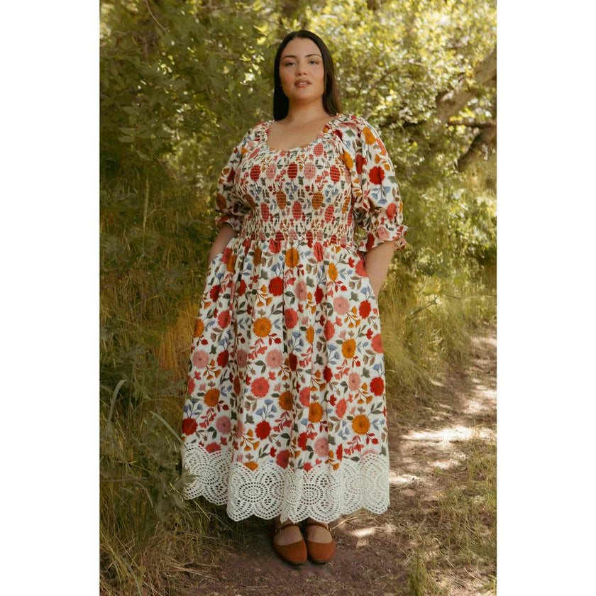 Multi Color Floral Cotton Lace Hem Dress 1X