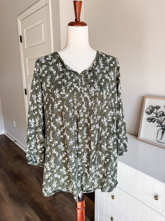 Green White Floral Top XL