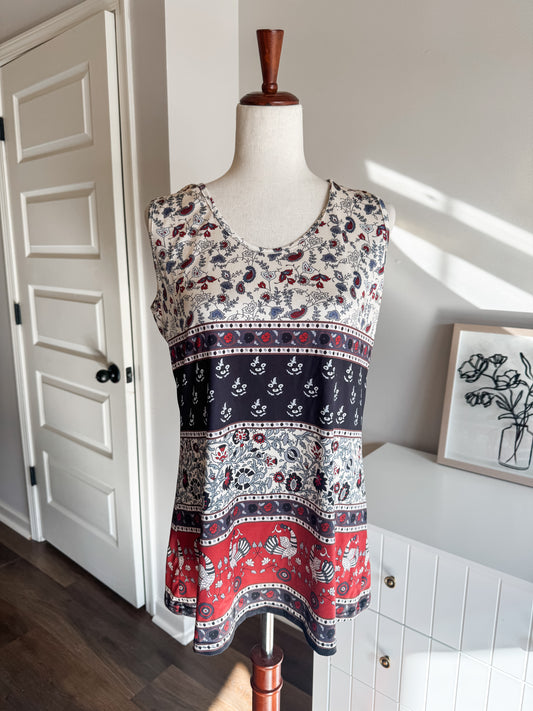 Cream Navy Red Print Tank L