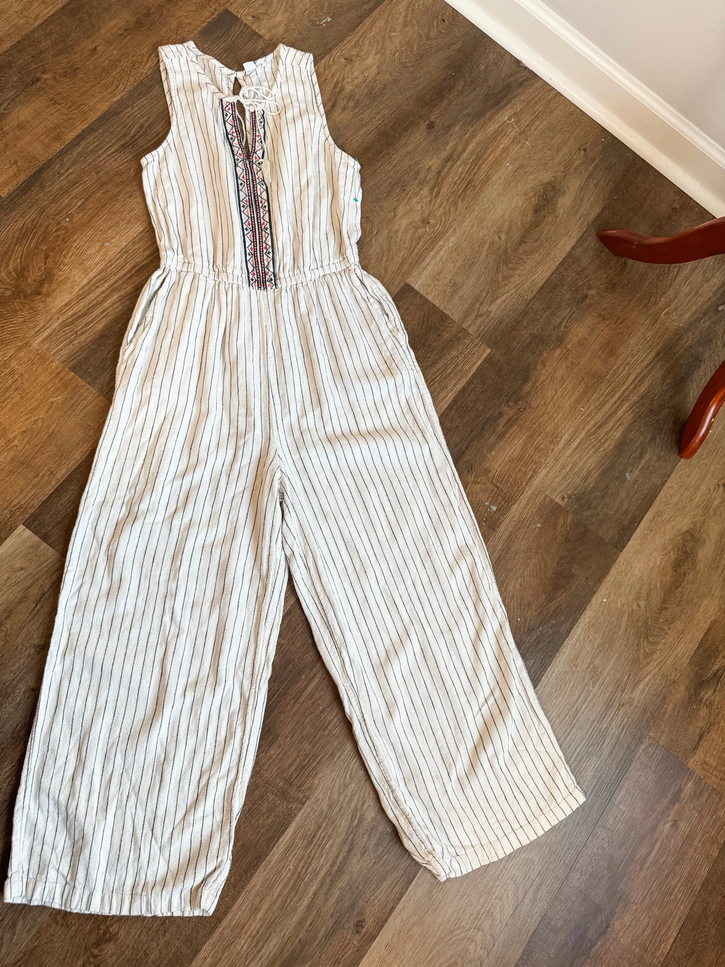 Black White Striped Embroidered Jumpsuit S