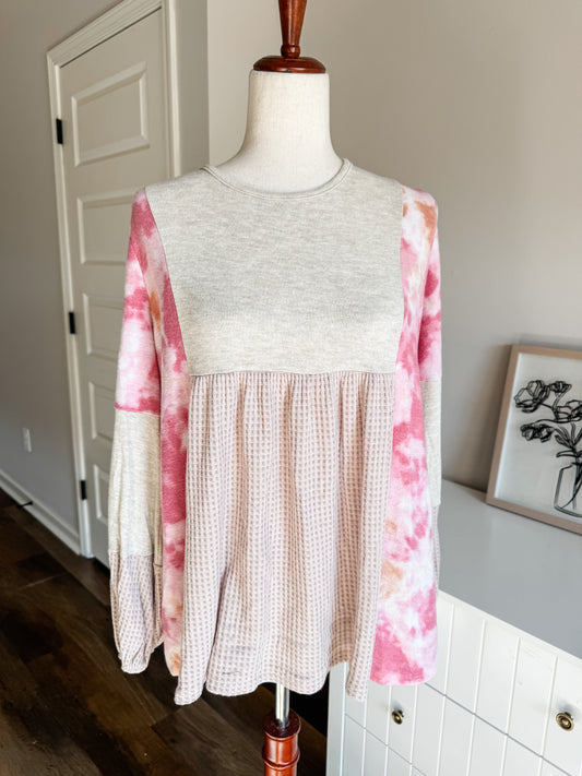 Tan Pink Waffle Knit Tie Dye Top L