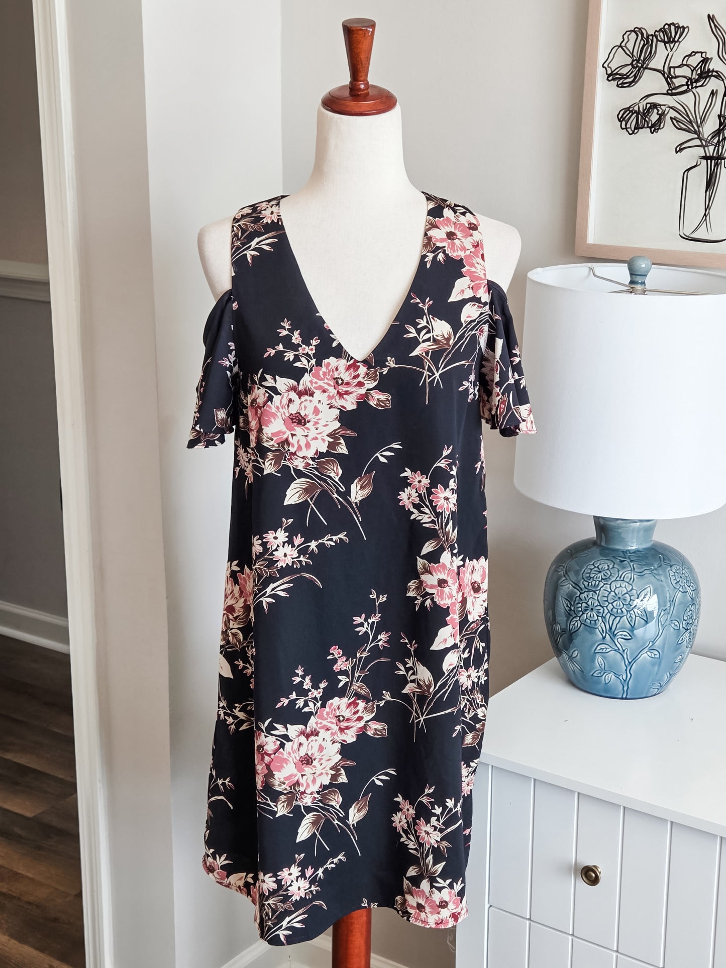 Navy Floral Cold Shoulder Dress S