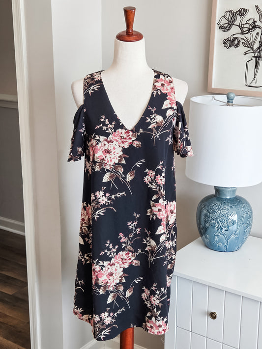Navy Floral Cold Shoulder Dress S