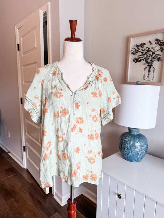 Green Orange Floral Top M