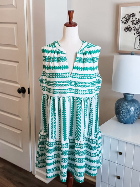 Green White Print Dress L