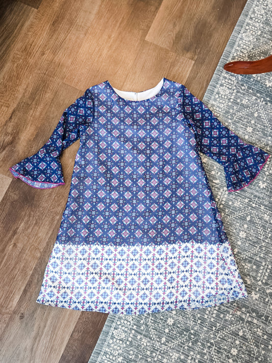 Navy Pink Aqua Print Dress Youth 8