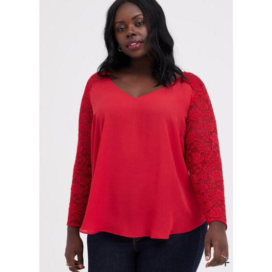 Red Lace Sleeve Top 1X