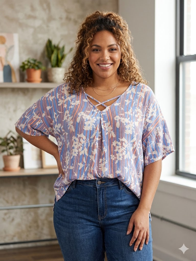 Blue Orange Striped Floral Top XL