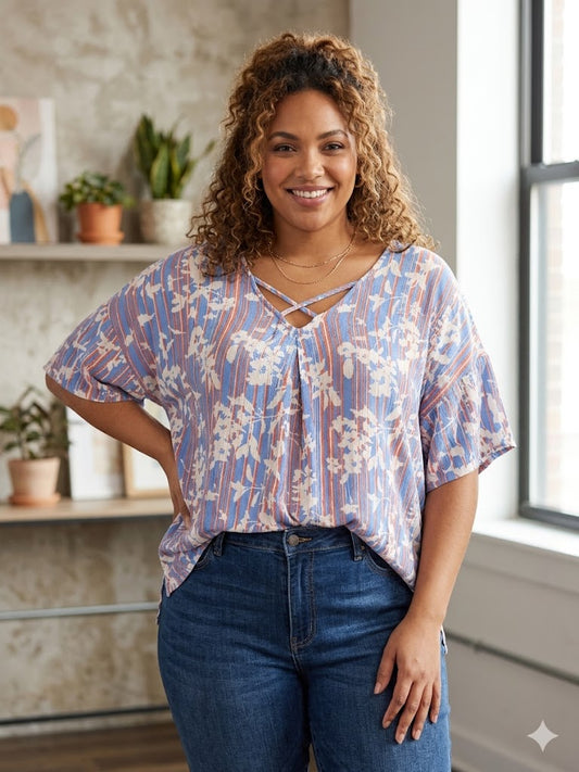 Blue Orange Striped Floral Top XL