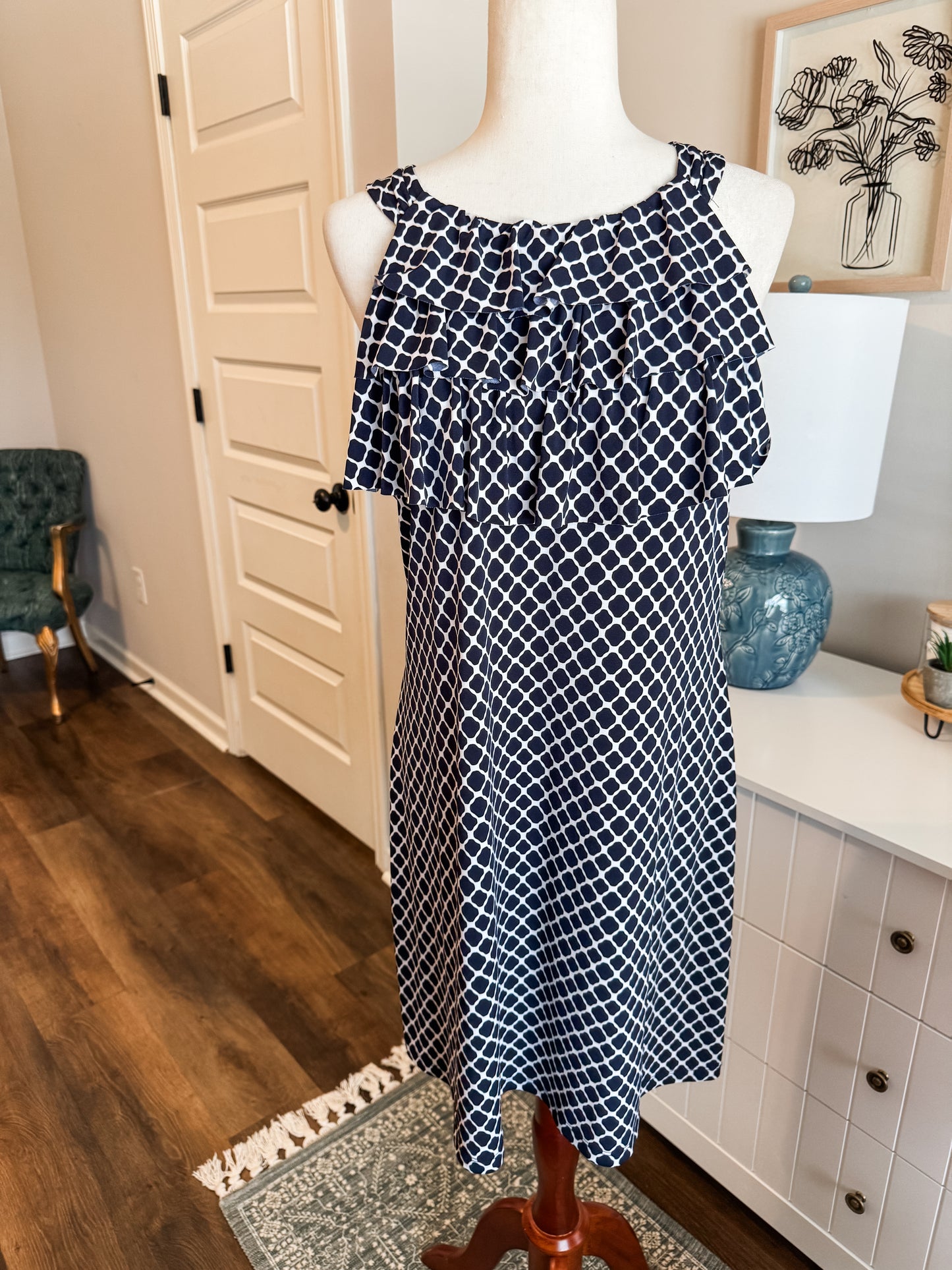 Navy White Print Dress 14