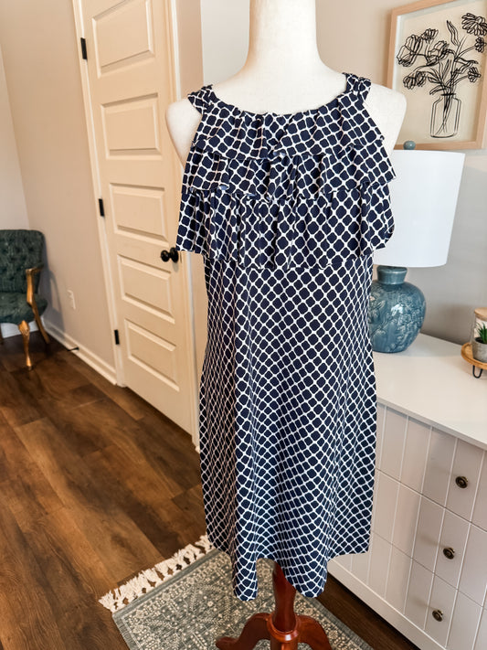 Navy White Print Dress 14