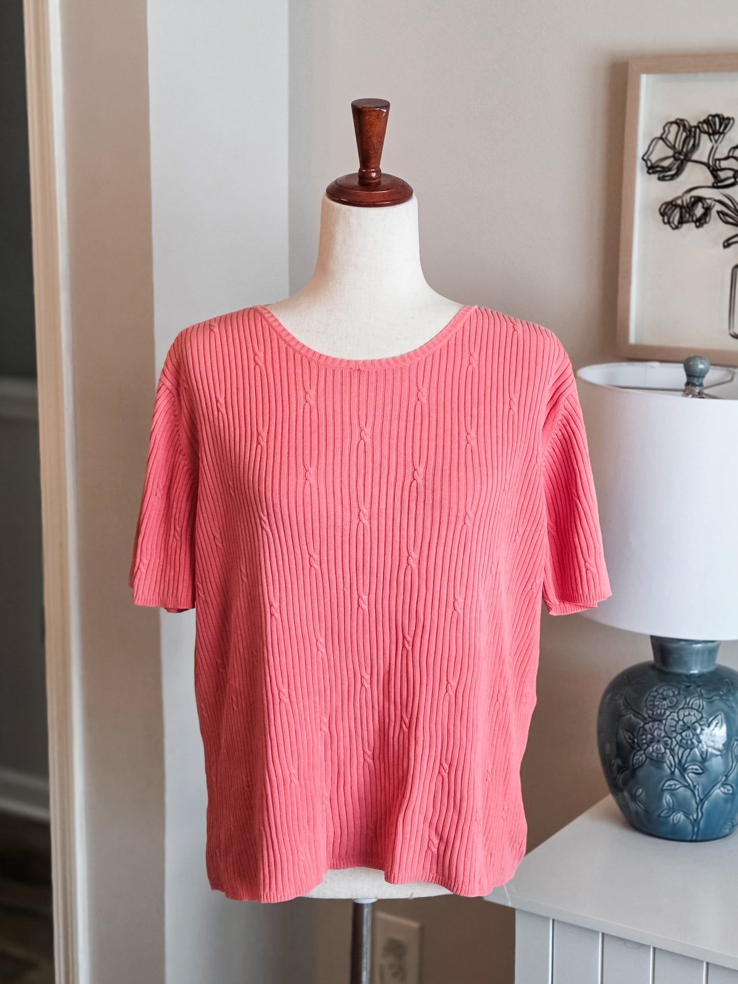 Pink Short Sleeve Cotton Sweater L