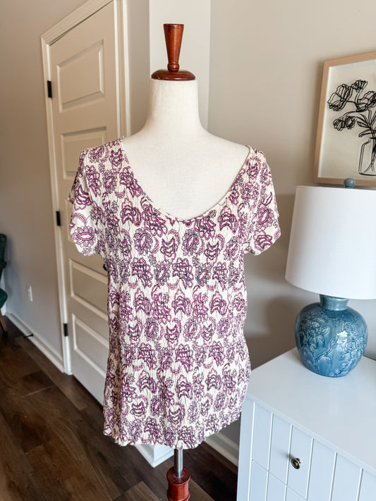 Cream Purple Smocked Top L