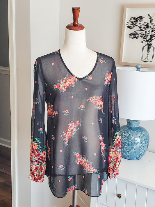 Black Sheer Floral Top XS