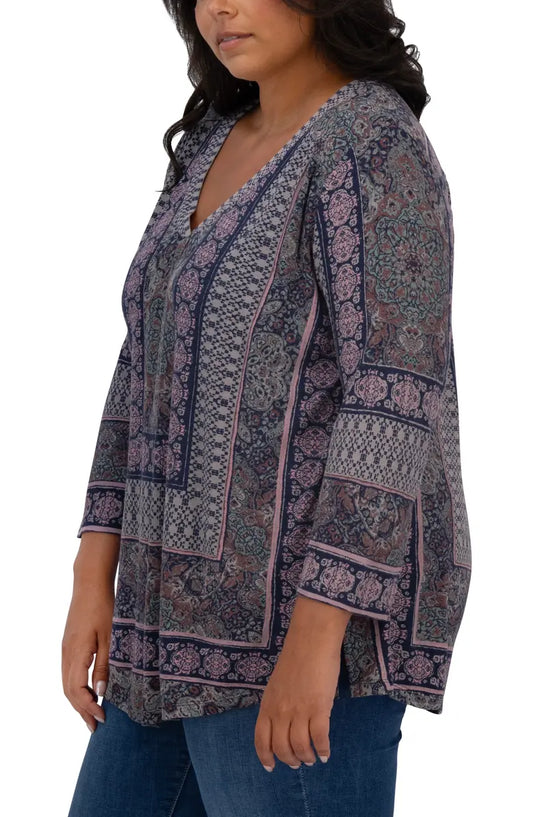 Blue Gray Pink Print Top L