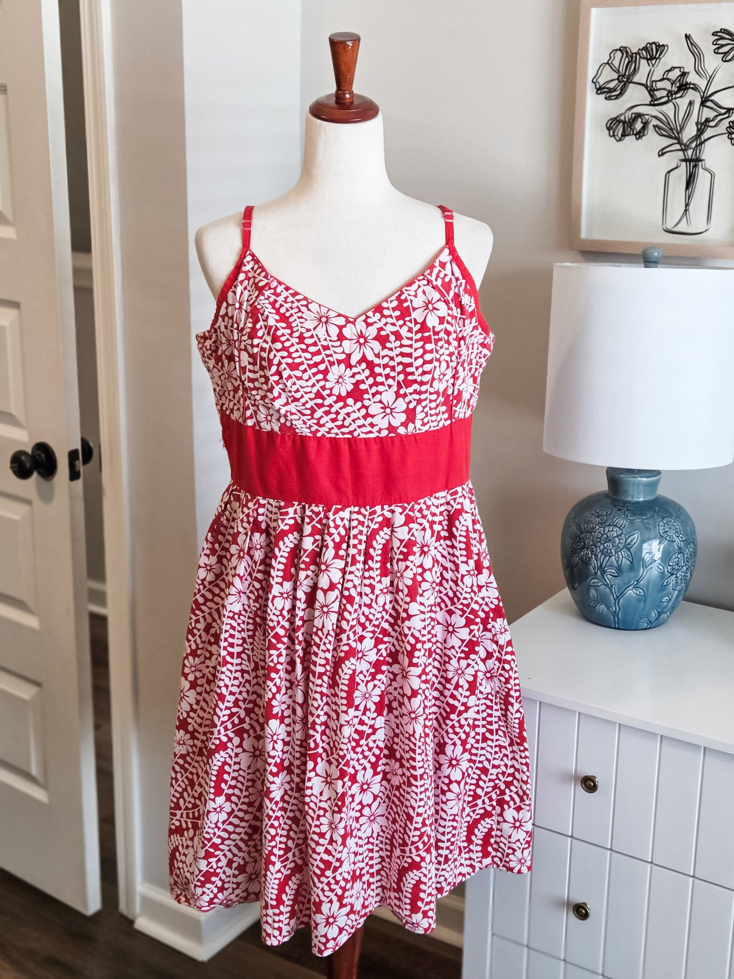 Red Cotton Floral Dress L