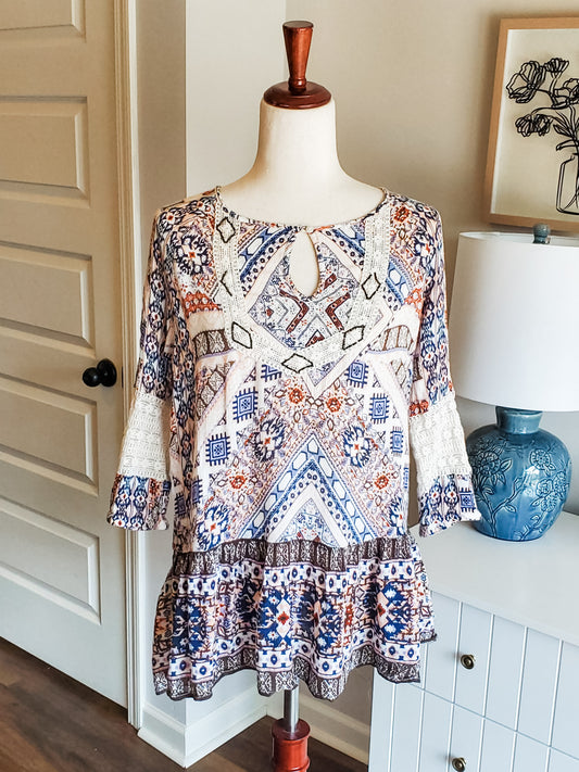 Pink Rust Blue Beaded Top M