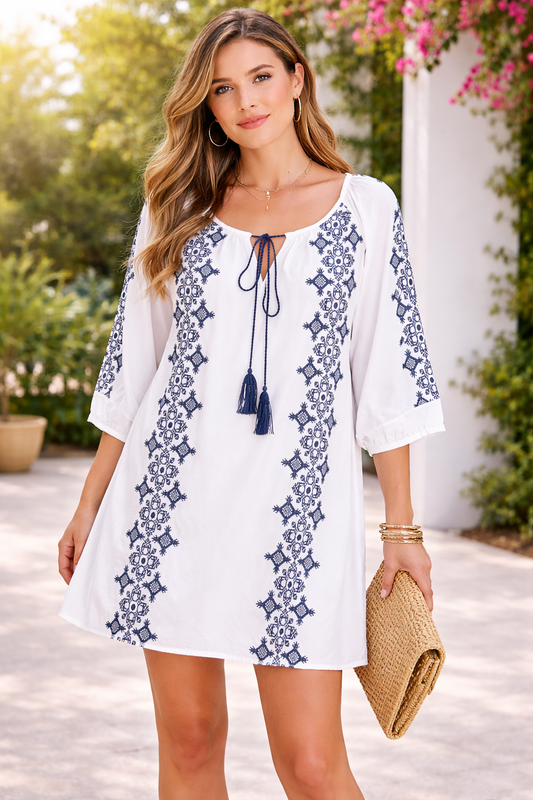 White Navy Embroidered Mini Dress M