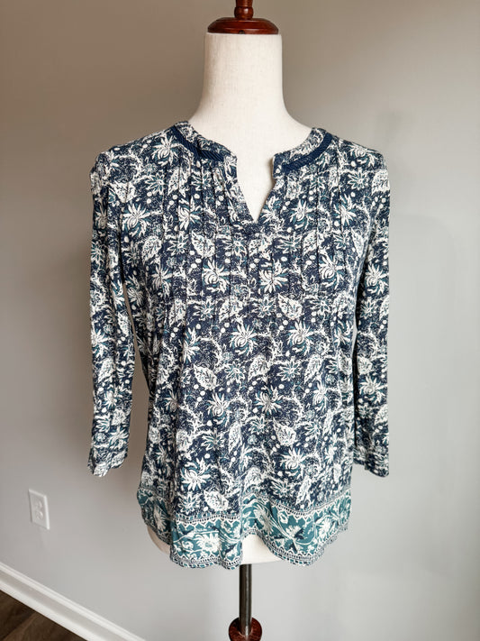 Navy Green Cream Print Top S