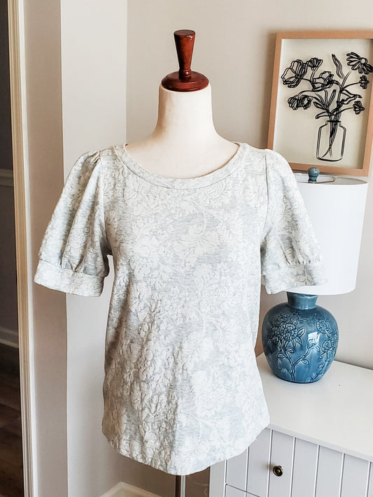 Gray White Embossed Floral Top S