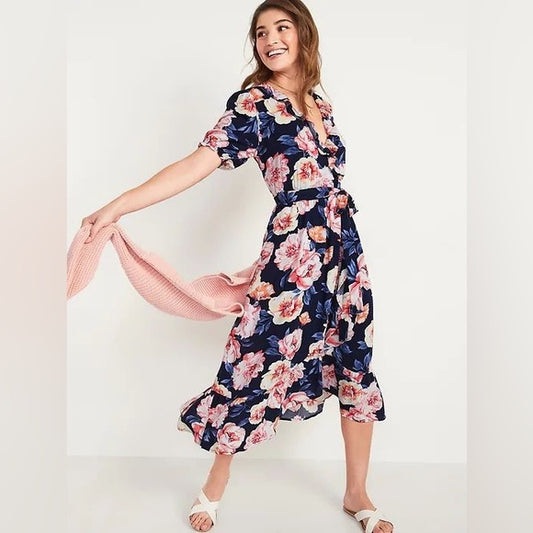 Navy Floral Wrap Dress S