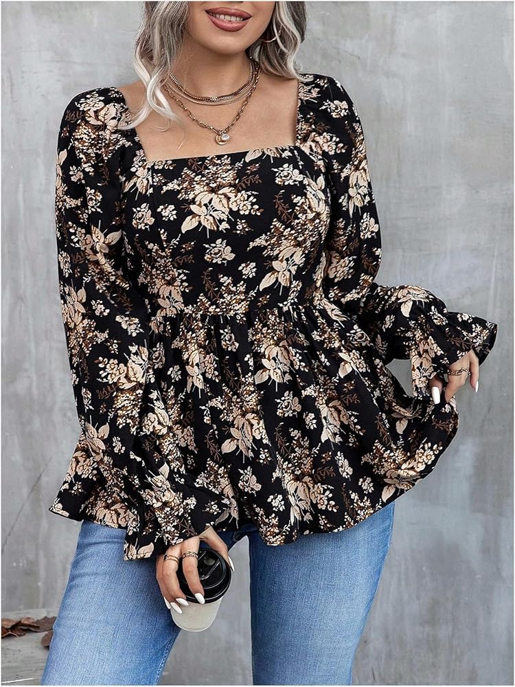 Black Brown Smocked Floral Top XL