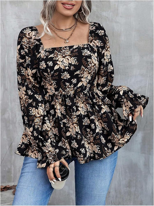 Black Brown Smocked Floral Top XL