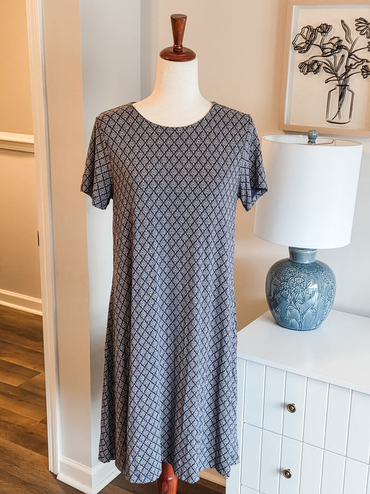 Navy Tan Print Dress M