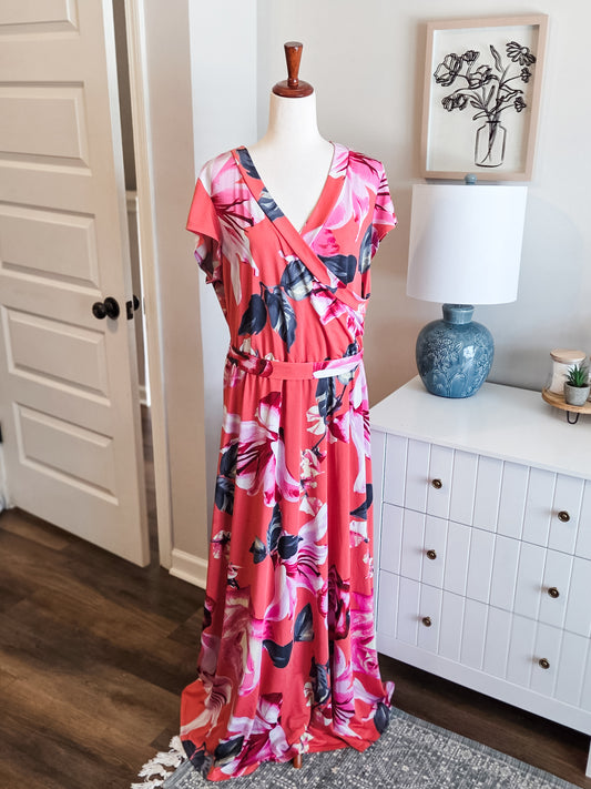 Coral Floral Maxi Dress 1-2X