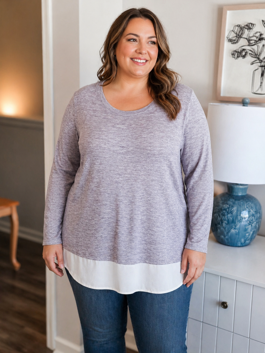 Gray Chiffon Hem Sweater L