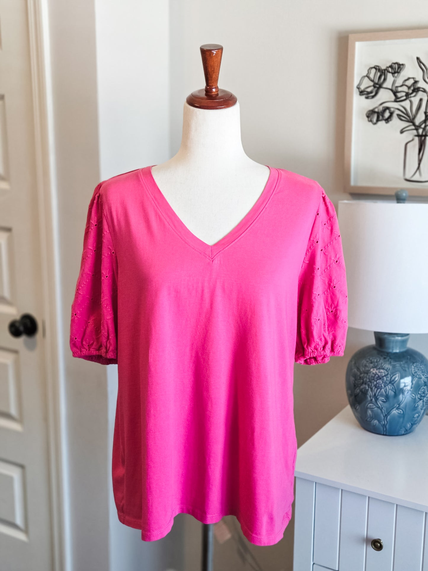 Pink Eyelet Sleeve Cotton Top M