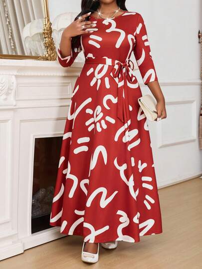 Red White Print Maxi Dress 1X