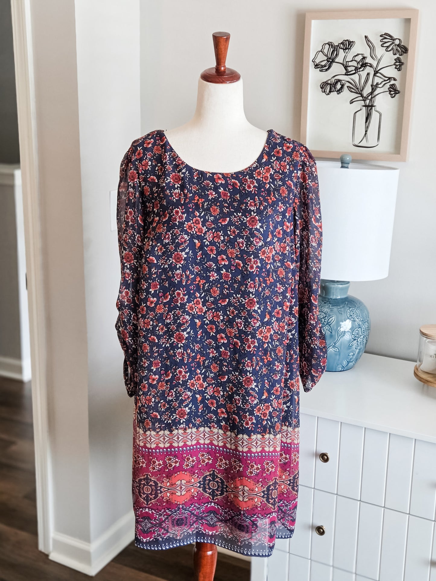 Navy Orange Pink Floral Dress L