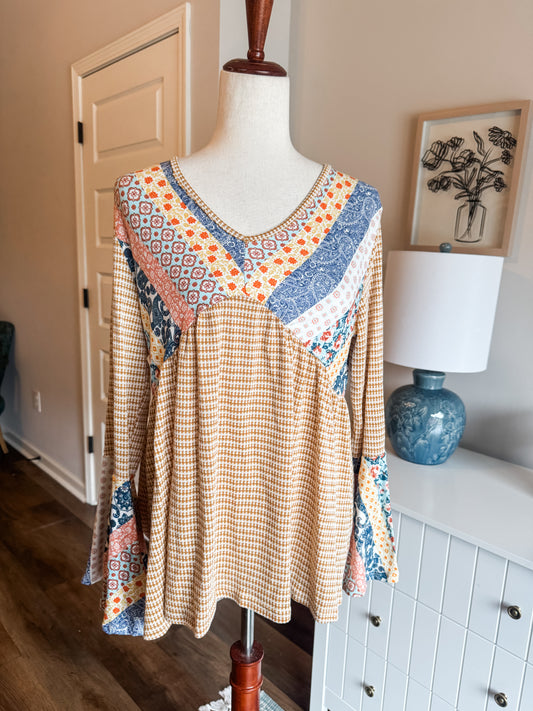 NEW Mustard Patchwork Print Top S