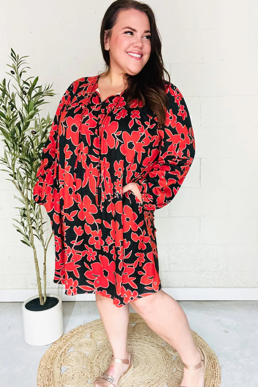 Red Black Floral Dress L