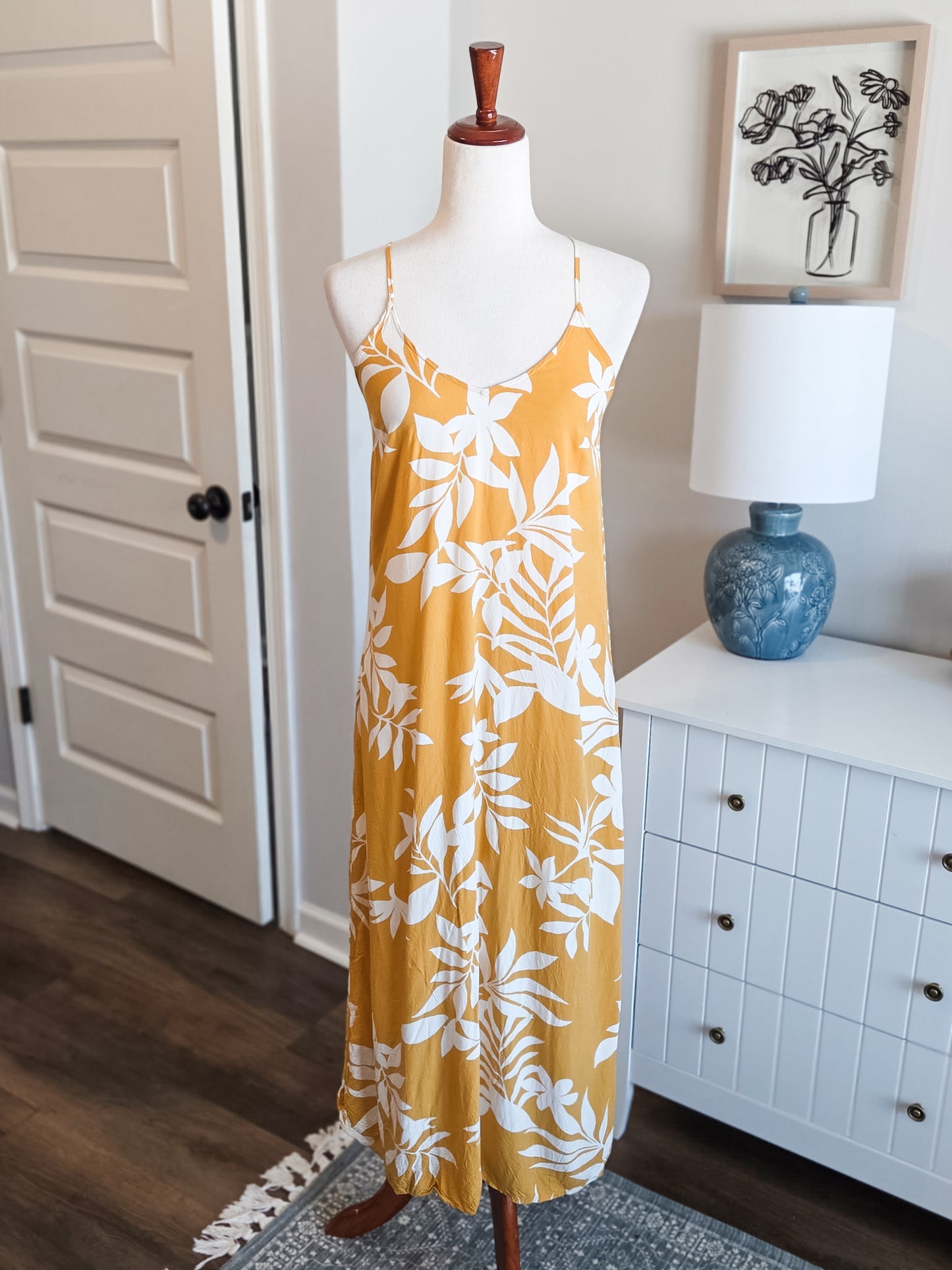 Yellow White Print Dress XS