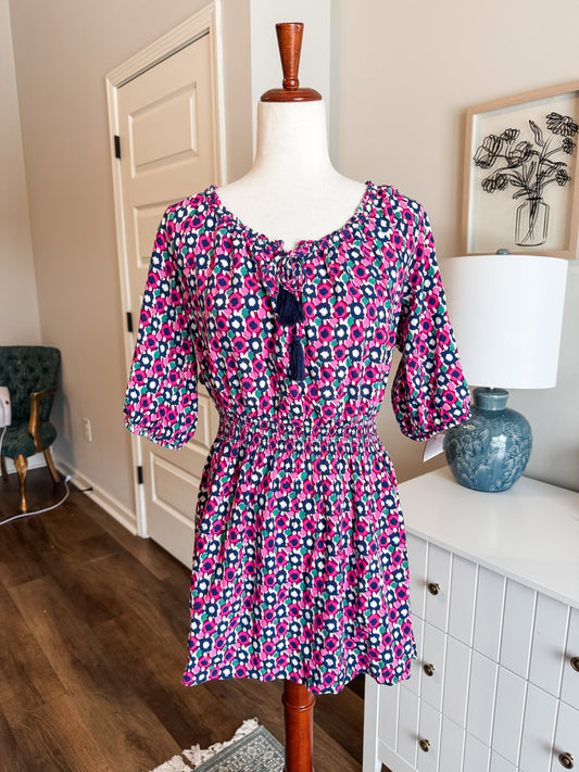 Purple Green Navy Print Mini Dress L