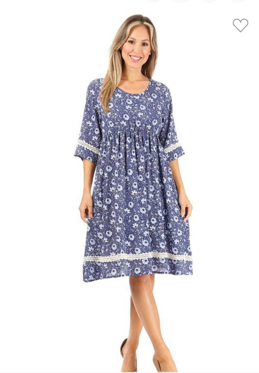 Blue and White Floral Trimmed Dress