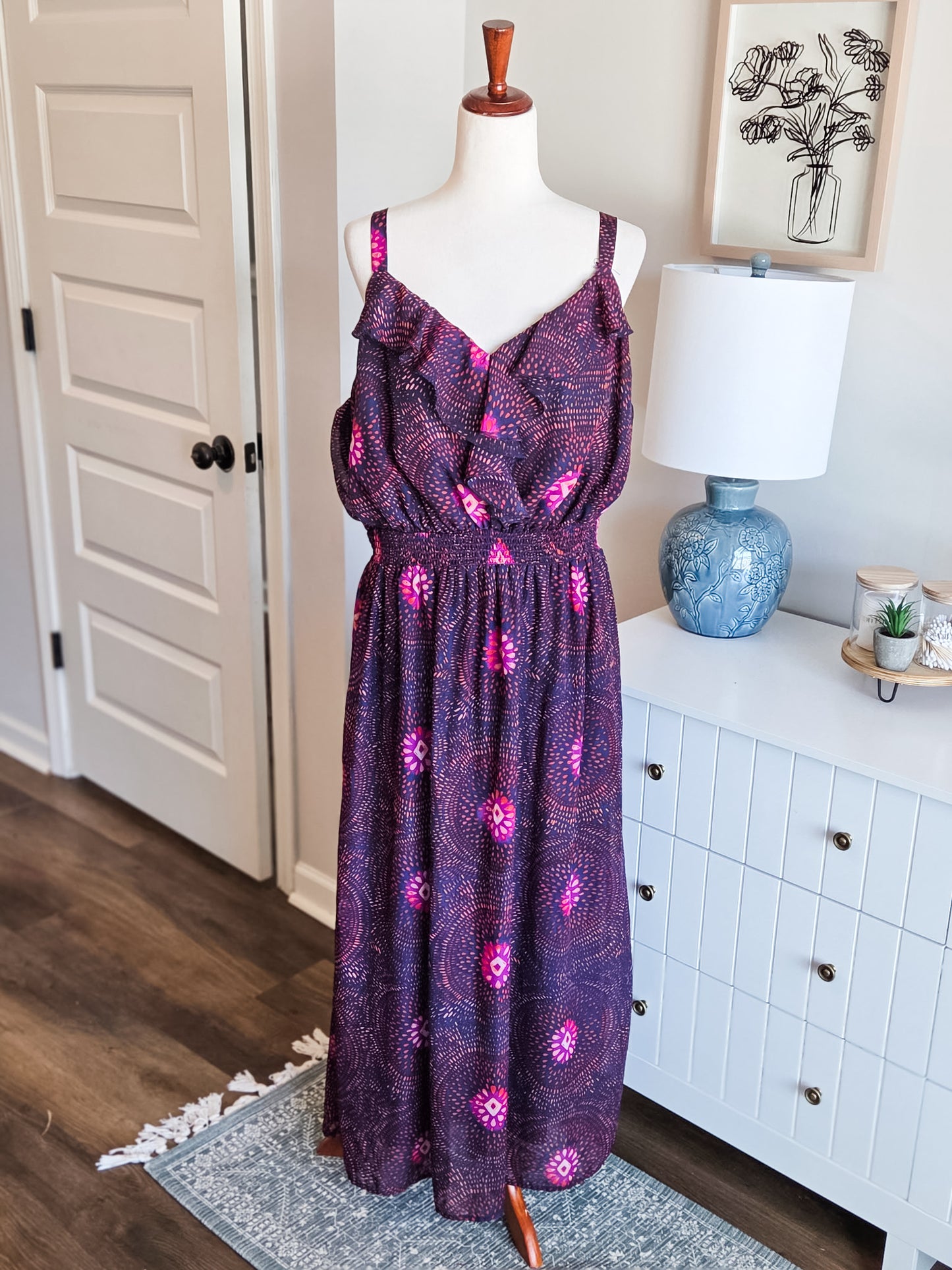 Navy Purple Red Print Maxi Dress 2-3X