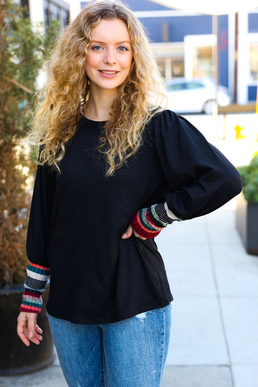 Black Striped Sleeve Top M