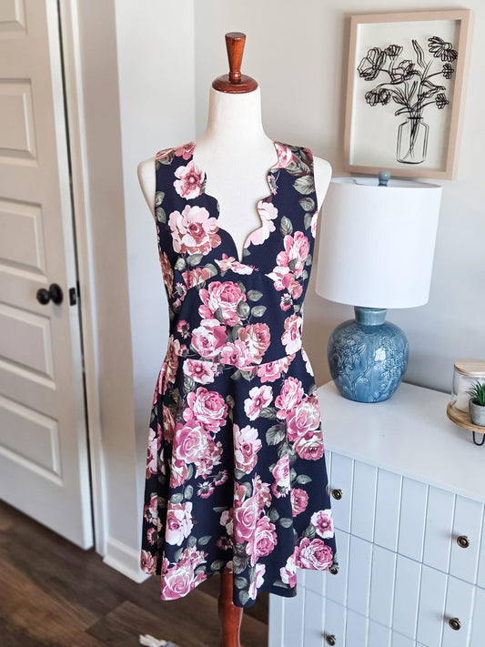 Navy Pink Floral Dress M/L
